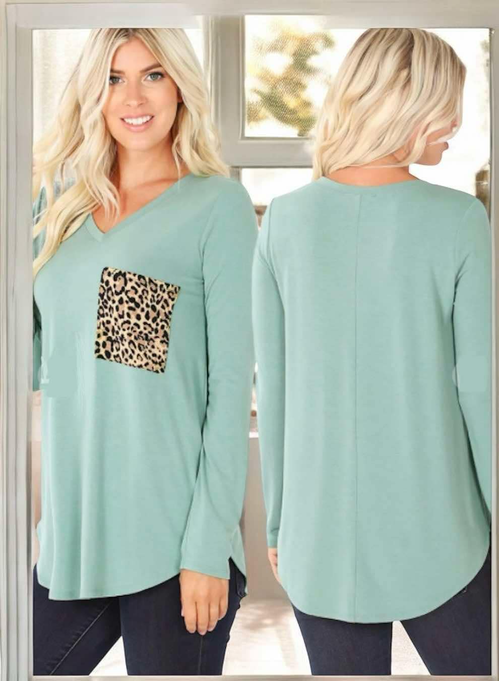 Minty blue INTO THE WILD Tee by Zenana featuring a leopard print pocket and V-neck, ideal for casual and evening wear.