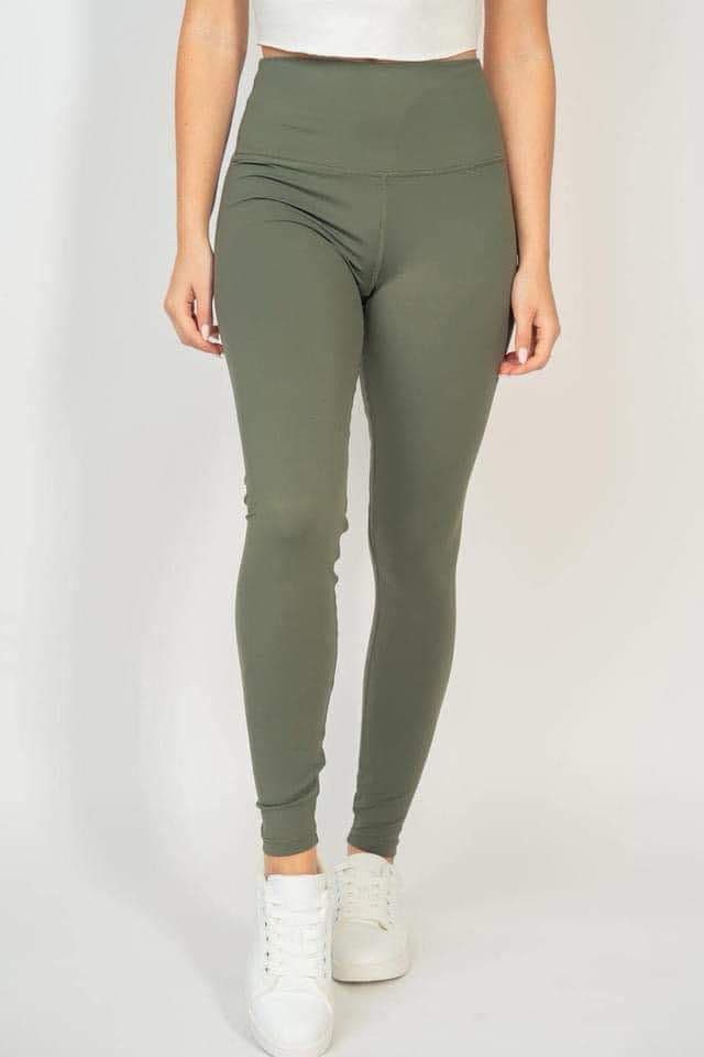 Olive green leggings by White Birch for autumn, made of 95% polyester and 5% spandex, ideal for workouts or daily wear.