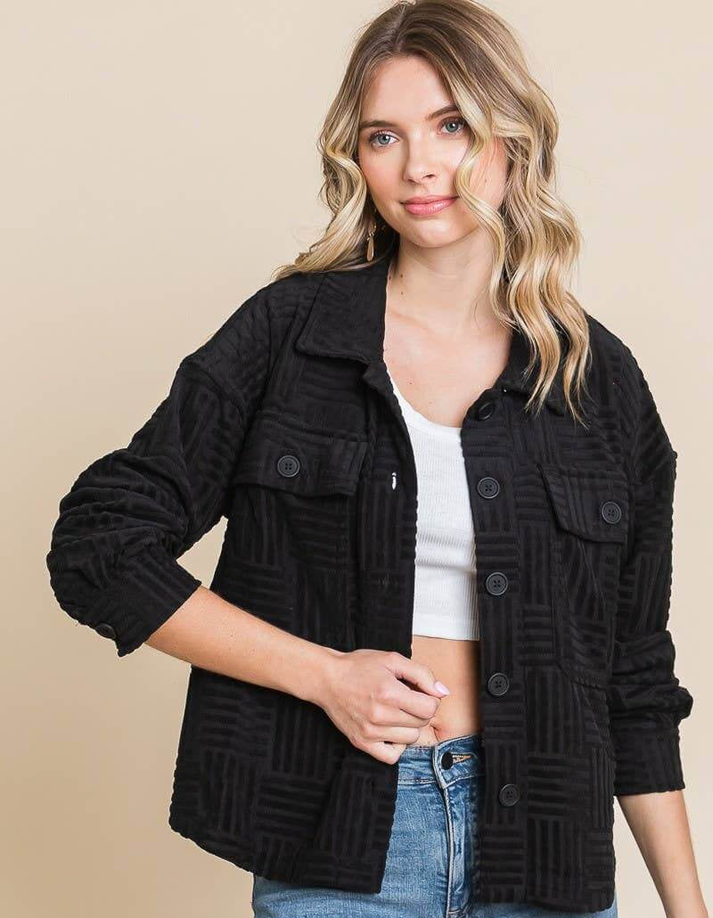 Women's black embossed casual shacket with dolman sleeves and button-down front for versatile layering.