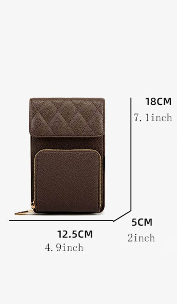 Chocolate vegan leather crossbody bag with quilted design, featuring multiple storage compartments and trendy style. Dimensions: 7.1" x 4.9" x 2".