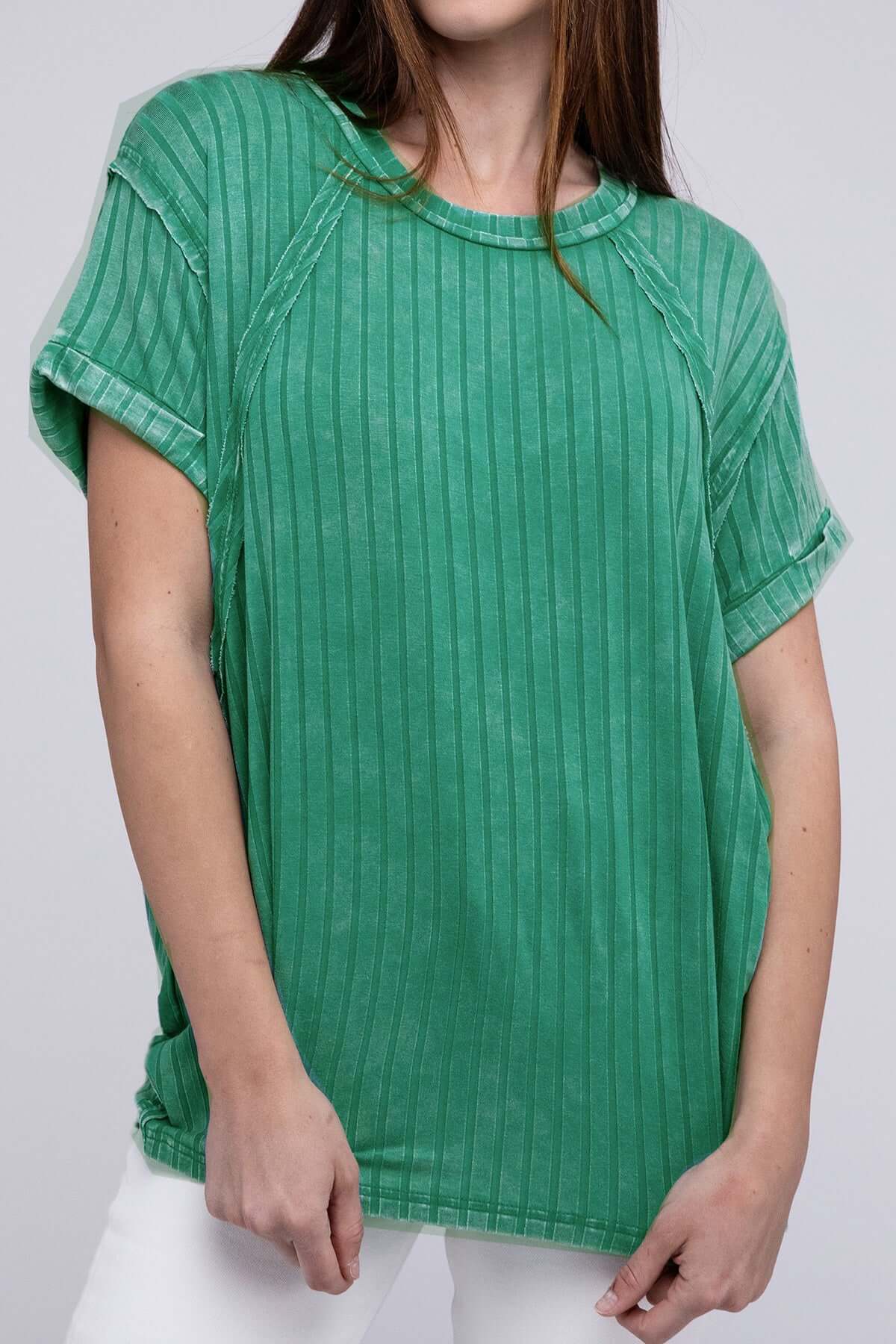 Stylish kelly green ribbed top by Zenana, featuring short sleeves and an oversized fit.