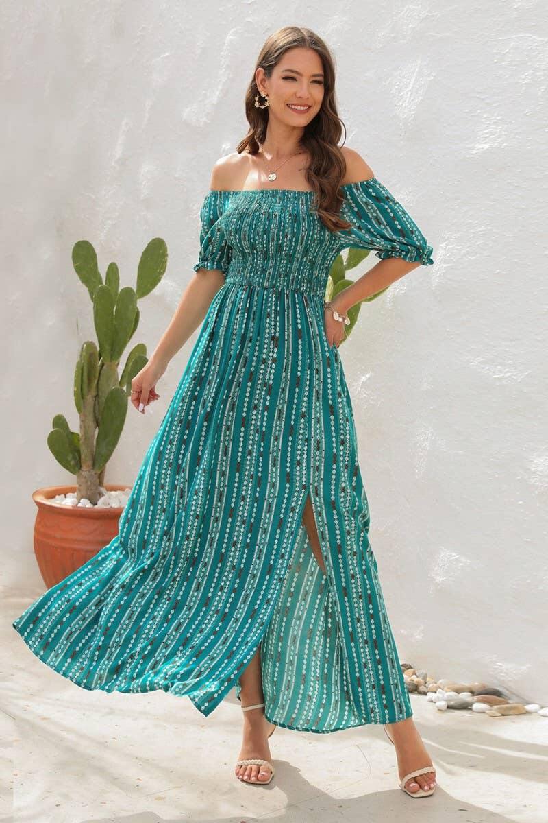 Teal off-shoulder striped maxi dress with slit, perfect for spring and summer looks.