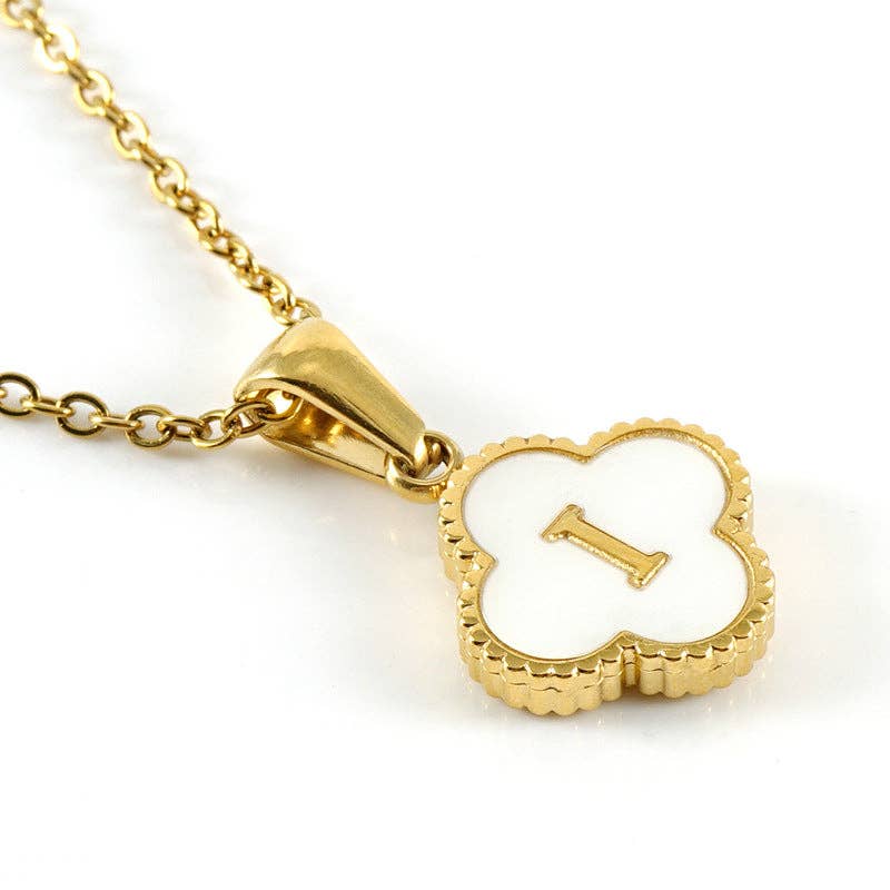 Clover Shell Initial Charm 18K Golden S.Steel Necklace - FGS with a gold plated pendant featuring a white shell letter I.