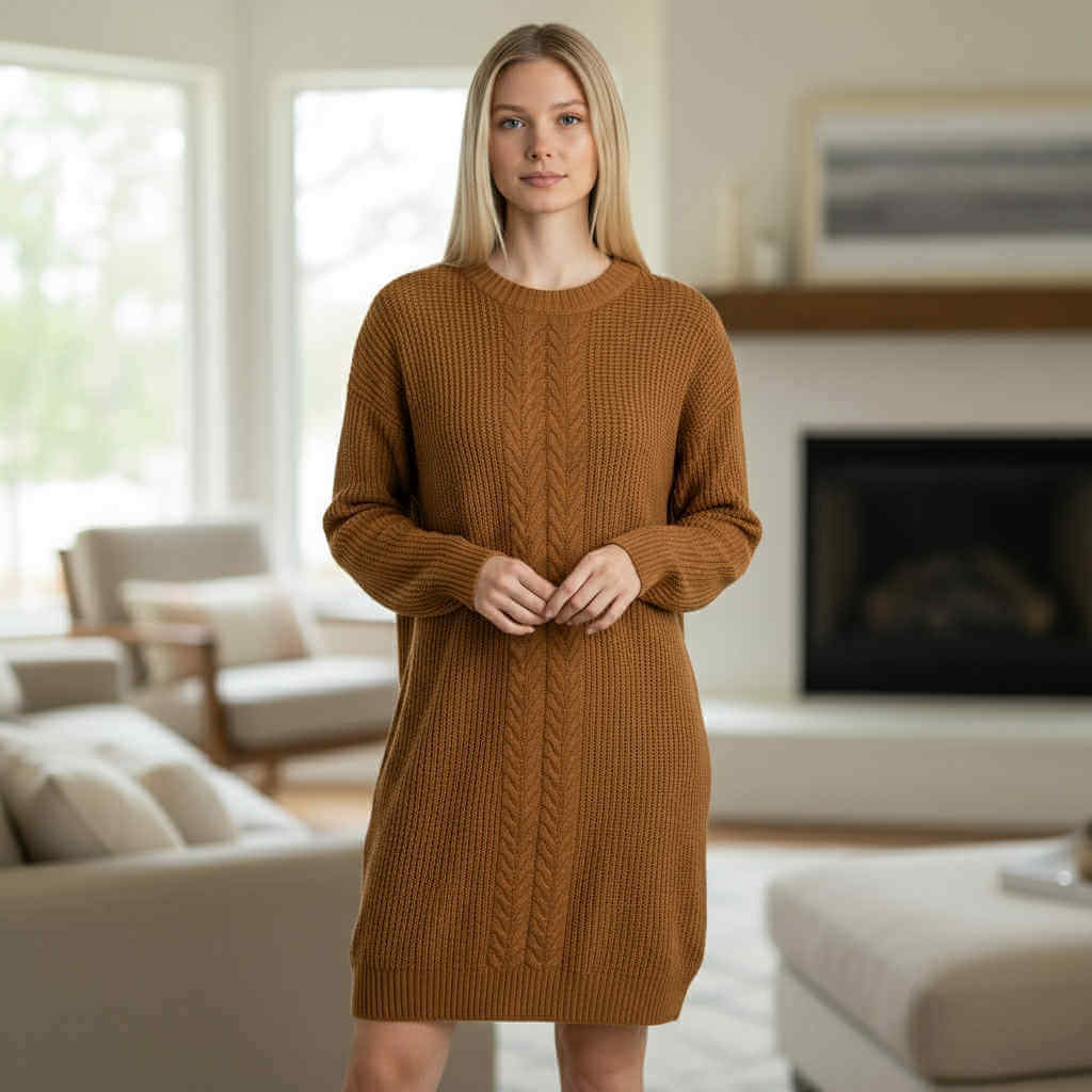 FIRESIDE STORY Sweater Dress in rich chestnut brown, showcasing cozy charm for autumn storytelling.