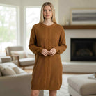 FIRESIDE STORY Sweater Dress in rich chestnut brown, showcasing cozy charm for autumn storytelling.