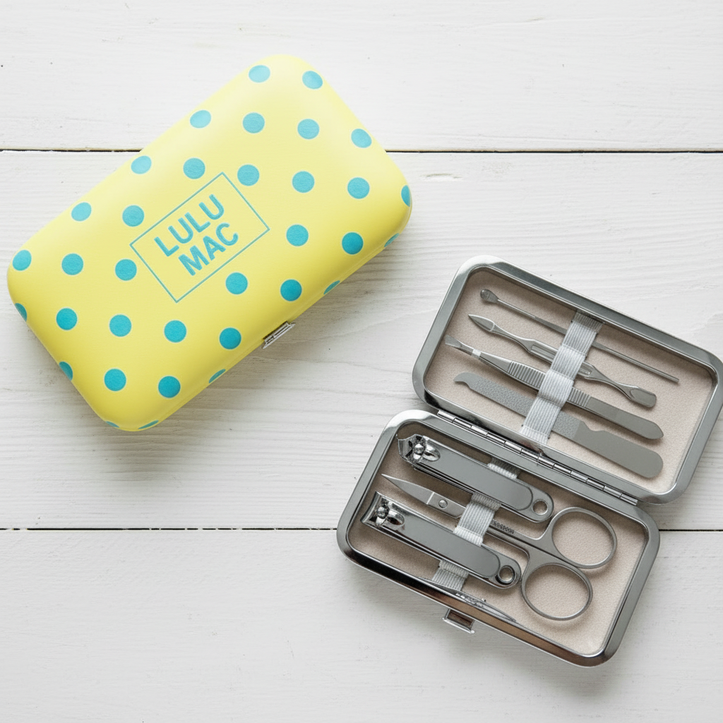 MCPD- Butter/Blue Dot Manicure Set features stylish yellow polka dot case and essential nail care tools.