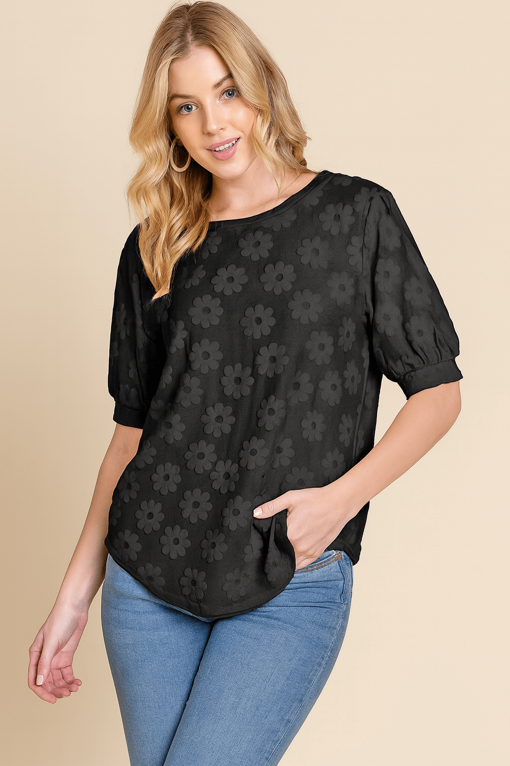 Black Field of Daisies Top with puff sleeves and textured embroidery, perfect for spring style.
