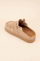 Tan EFFY Ruffle Entrance Design Slip-On Moccasin Mule with stylish buckle and ruffle detail.