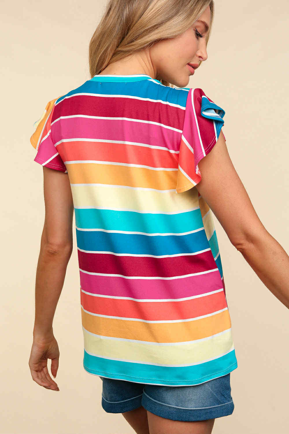 Colorful striped Happy Streak Top by Haptics featuring flutter sleeves on a model.