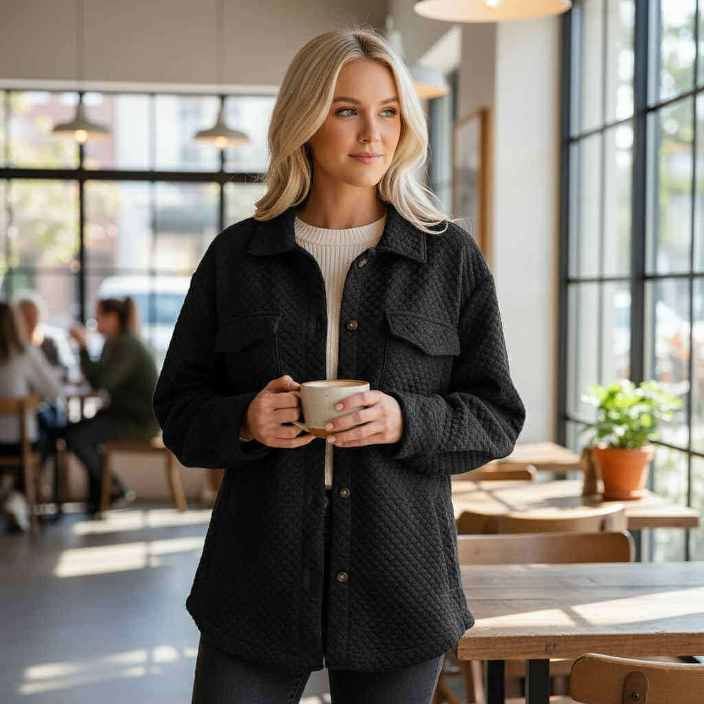 Woman wearing WARM IMPRESSIONS BUTTON DOWN shacket, holding a coffee cup in a café setting.