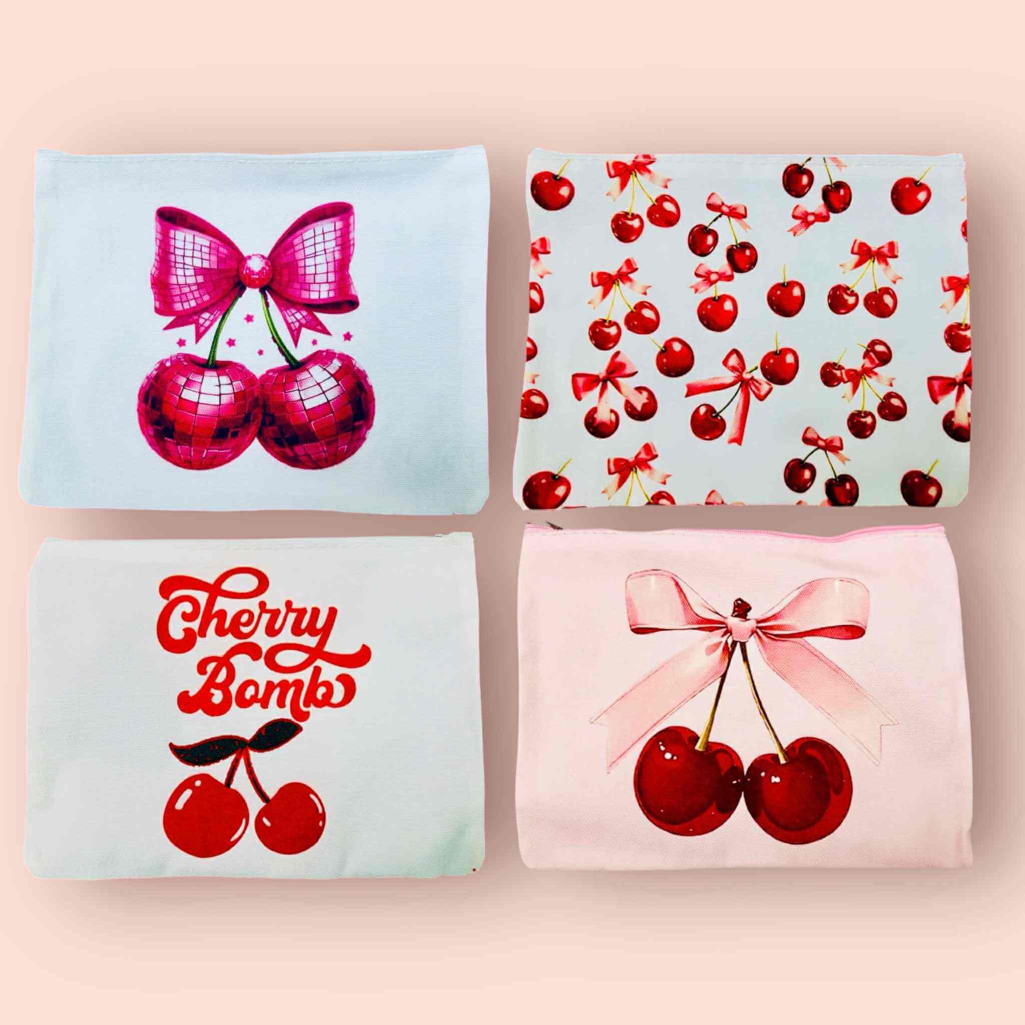 Cherry Pie cosmetic bags featuring four fun styles: Disco Cherries, Cherry Coquettes, Cherry Bomb, and Cherries Tied with a Bow.
