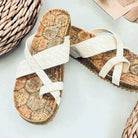 Better Be Me Sandals by Very G: Woven ivory slides with crisscross straps and textured cork footbed.