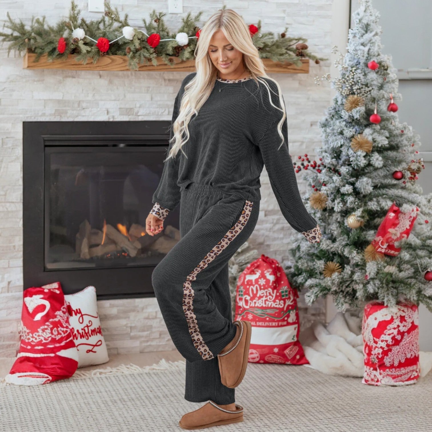 FELINE FAB PANTS SET in carbon grey with leopard patchwork detail, perfect for cozy lounging wear.