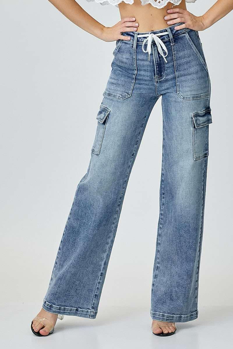 Risen Cargo Callie Jeans, mid-rise wide straight denim with pockets, stylish and comfortable fit, premium denim blend.