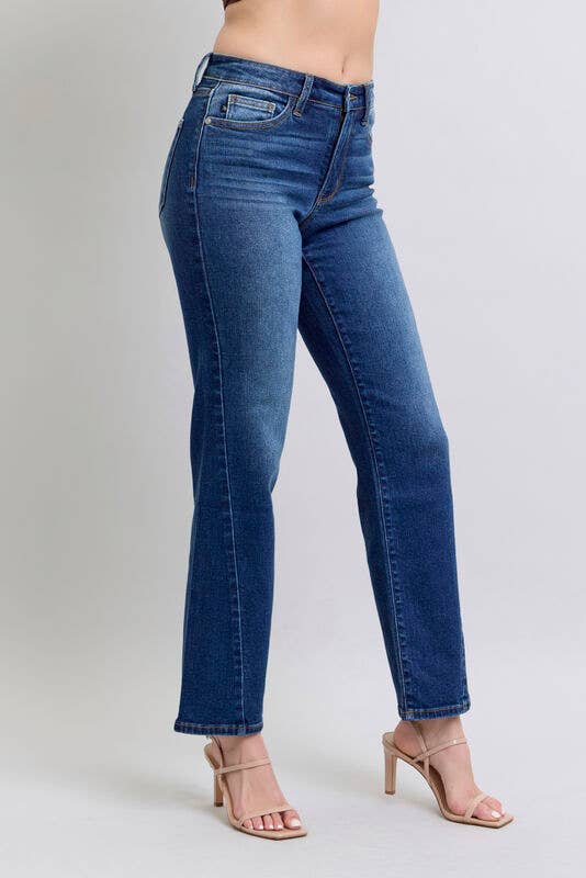 Model showcasing JUDY BLUE - NOELLE JEANS in a high-rise, wide-leg cut with a deep dark wash.
