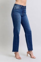 JUDY BLUE - NOELLE JEANS in deep dark wash denim, showcasing a high-rise fit and wide leg cut for a chic and relaxed look.