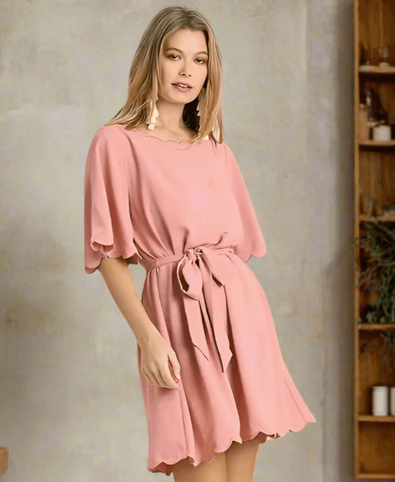 Dust rose scallop charm dress with belted waist, perfect for baby showers or dressy events by Umgee.