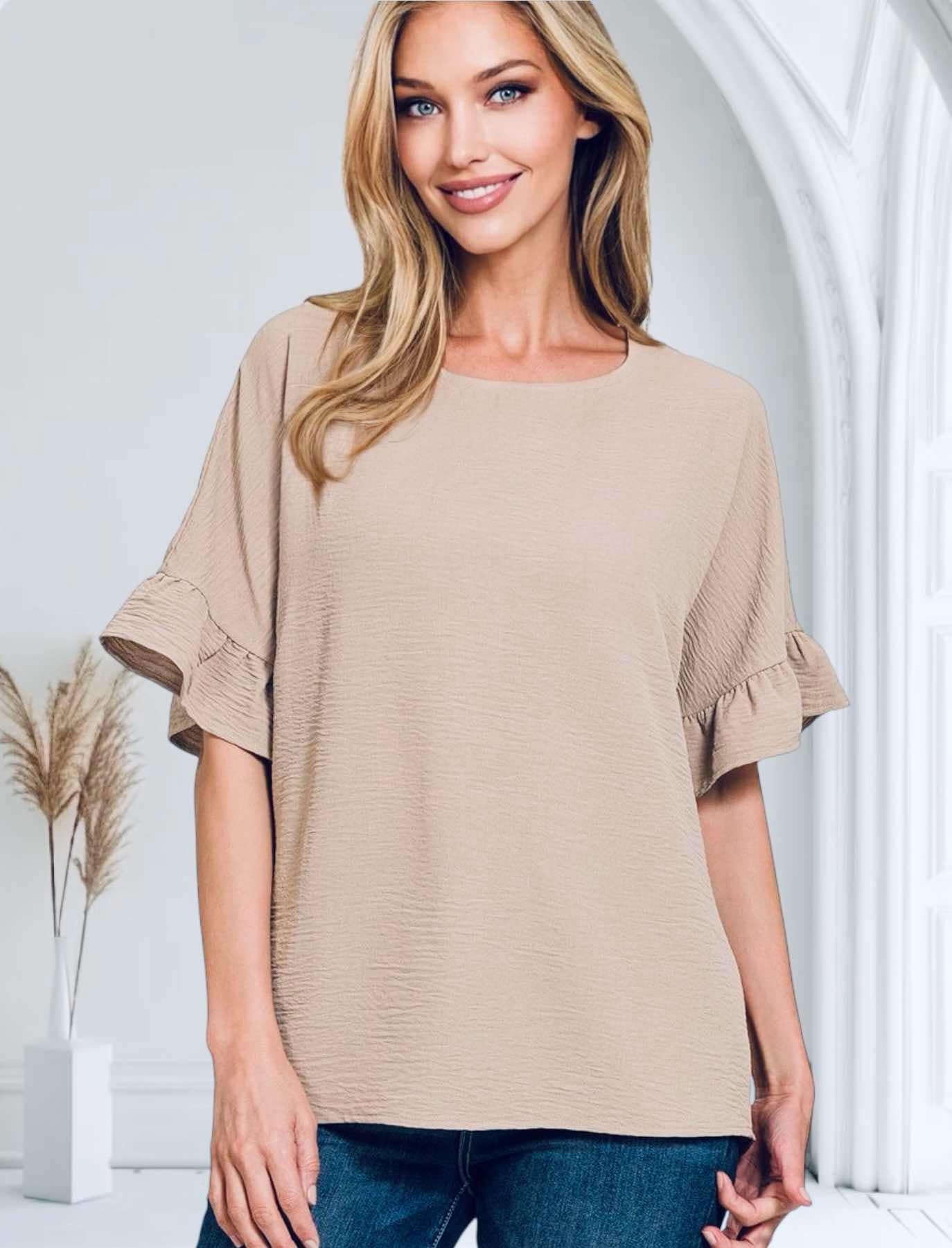 DRIFTWOOD SANDS Top by Zenana in sandy beige with ruffled sleeves, perfect for elevating your style.