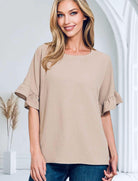 DRIFTWOOD SANDS Top by Zenana in sandy beige with ruffled sleeves, perfect for elevating your style.