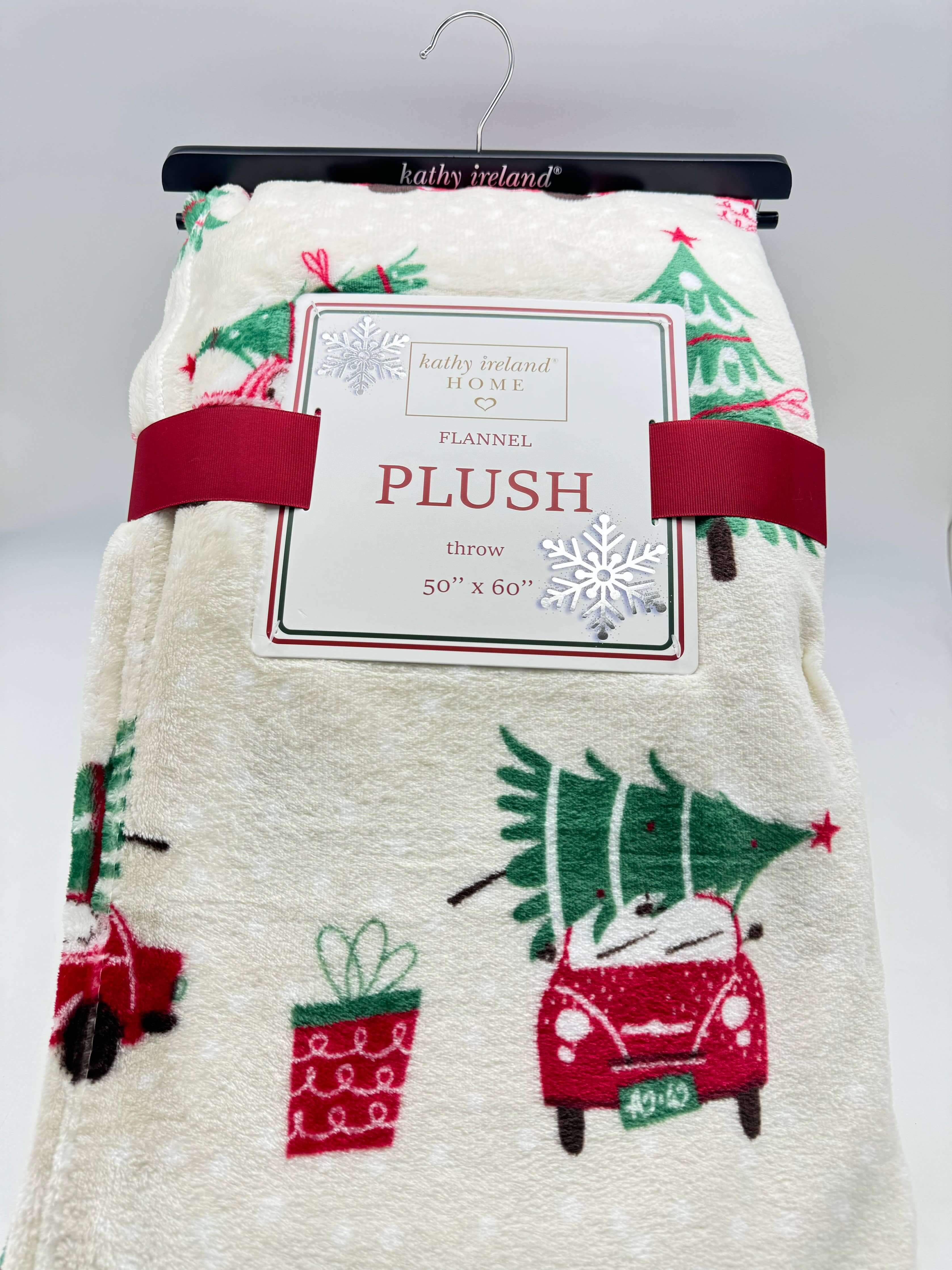 Christmas Cheer Plush Throw Blanket by Kathy Ireland, festive design with cars and trees, 50x60 inches, cozy flannel fleece.