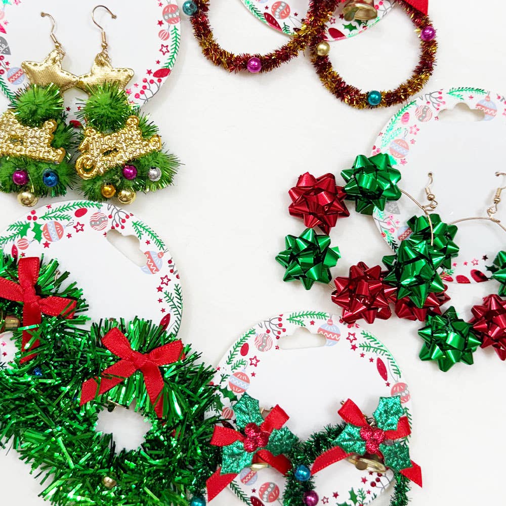 Christmas Theme Dangle Earring Set featuring colorful designs with bows, wreaths, and festive accessories.