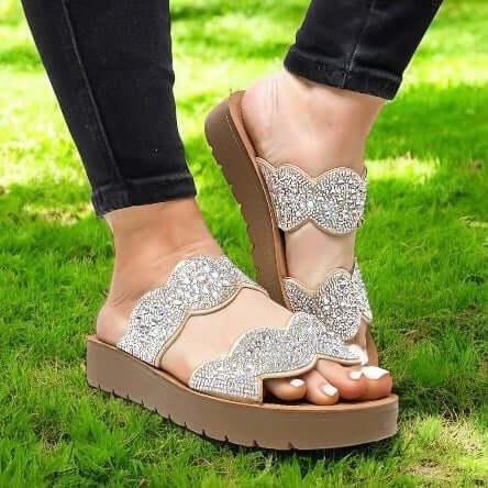 Cheers Beaches Rhinestone Platform Sandals showing clear straps with rhinestones and a lightweight rubber sole.