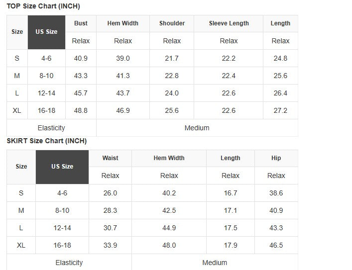 FIERCE COMFORT SKORT SET size chart for tops and skirts with US sizes and measurements in inches.