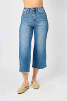 Judy Blue Braided Betty Jeans with wide leg and trendy side braid detailing, perfect for a stylish and comfortable look.