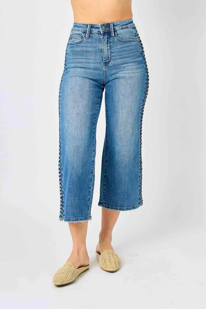 Judy Blue Braided Betty Jeans with wide leg and trendy side braid detailing, perfect for a stylish and comfortable look.