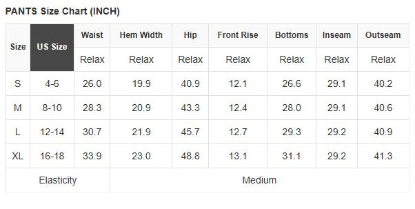 PANTS Size Chart (INCH) for COMFORT CULTURE PANTS (BLACK) including US sizes S, M, L, XL with measurements.
