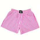 BXGH-PINK GINGHAM BOXER SHORTS in pink gingham pattern, featuring a comfortable relaxed fit and Lulu Mac branding.