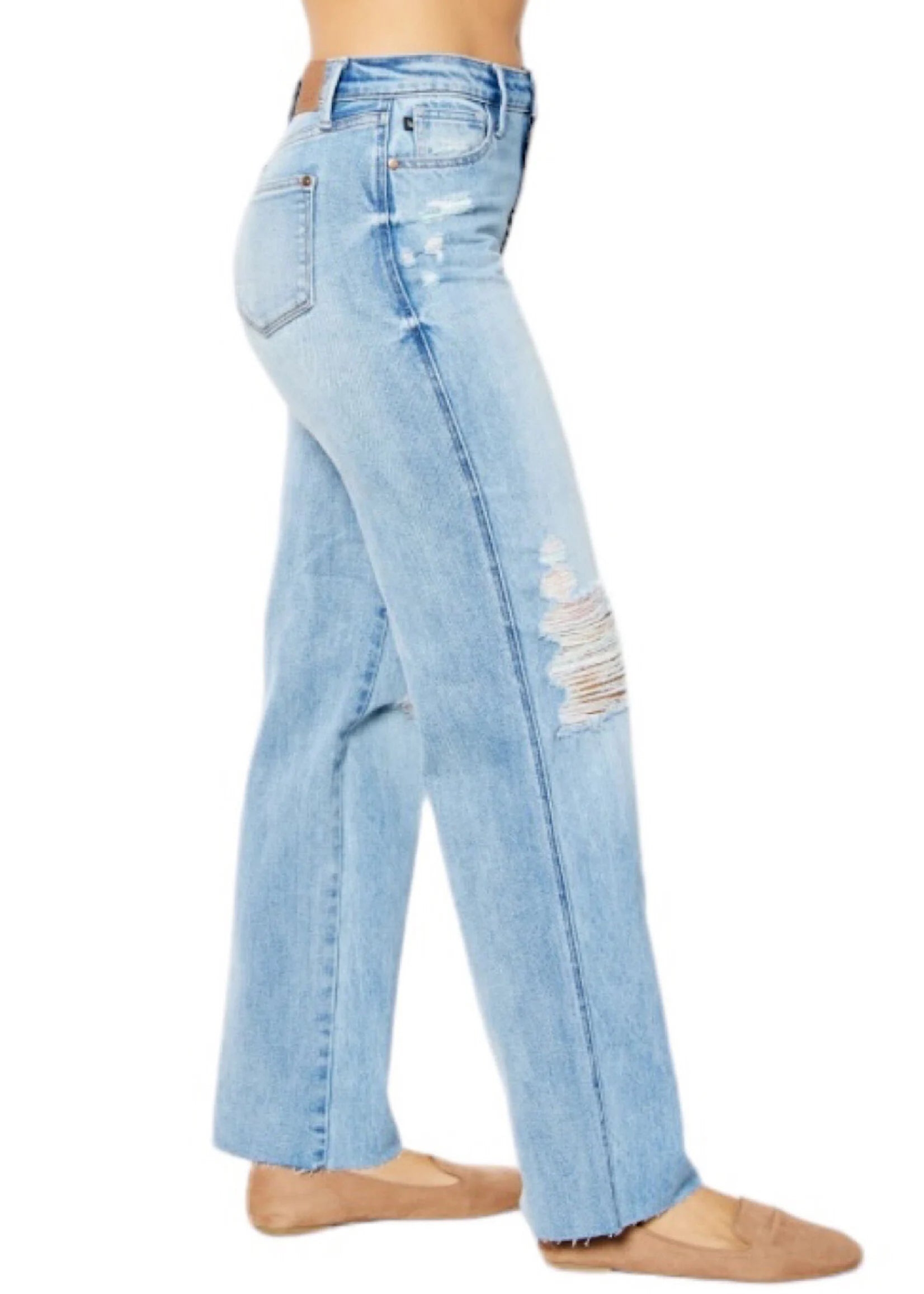 Judy Blue Raine jeans in light blue with distressed detailing, showcasing a stylish straight-leg fit.