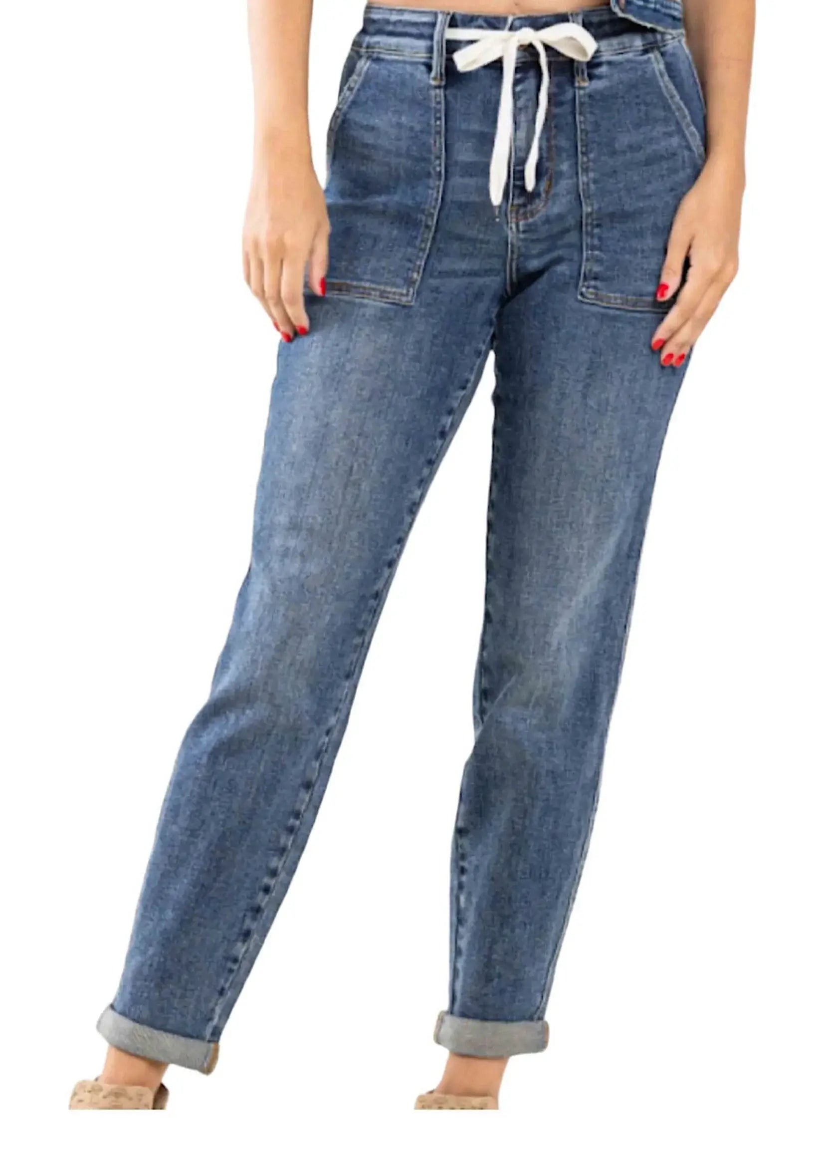 Judy Blue Janie Plus Size Joggers in medium wash with elastic drawstring waist and cuffed hems, perfect for casual wear.