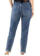 Rear view of Judy Blue Janie Plus Size Joggers, featuring a medium wash denim and cuffed hems.
