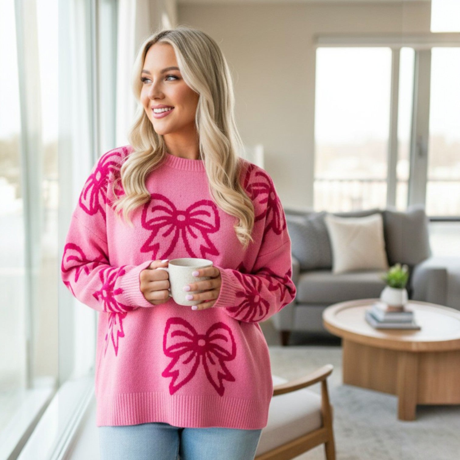 Woman wearing RIBBON ROMANCE SWEATER with pink bow pattern, holding a cup, in a bright living room.