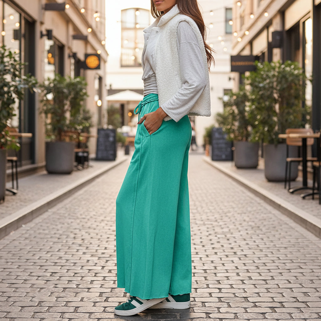 Model wearing AQUA DRIFT WIDE LEG PANTS paired with a cozy jacket in a stylish outdoor setting.