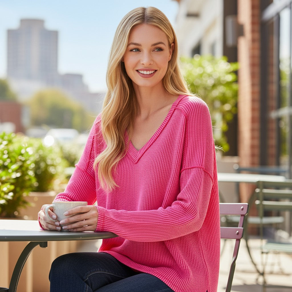 Woman enjoying coffee in the COZY CONCEPTS RIBBED TOP (hot pink) outside on a sunny day.