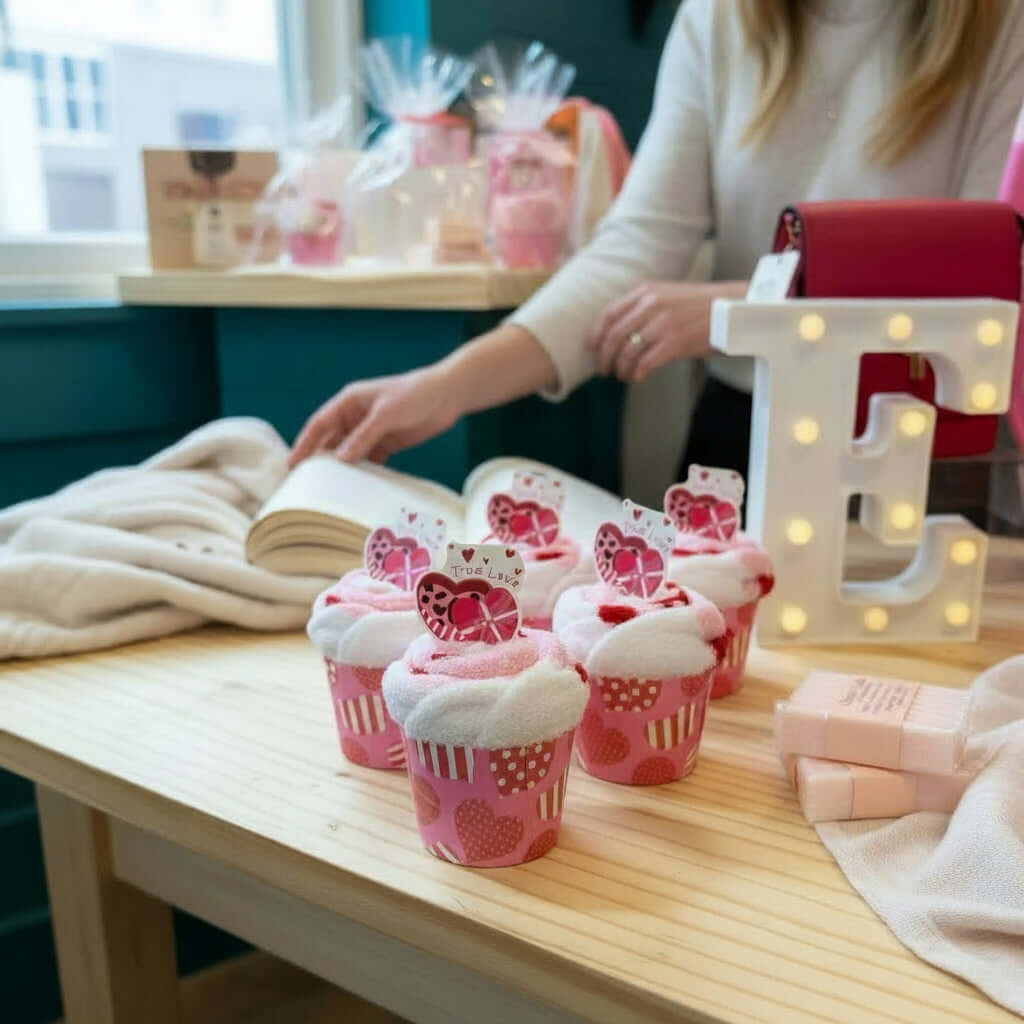 Too Cute to Eat Valentine Sock Cupcakes displayed on a table, featuring pink and red designs, ready for gifting.