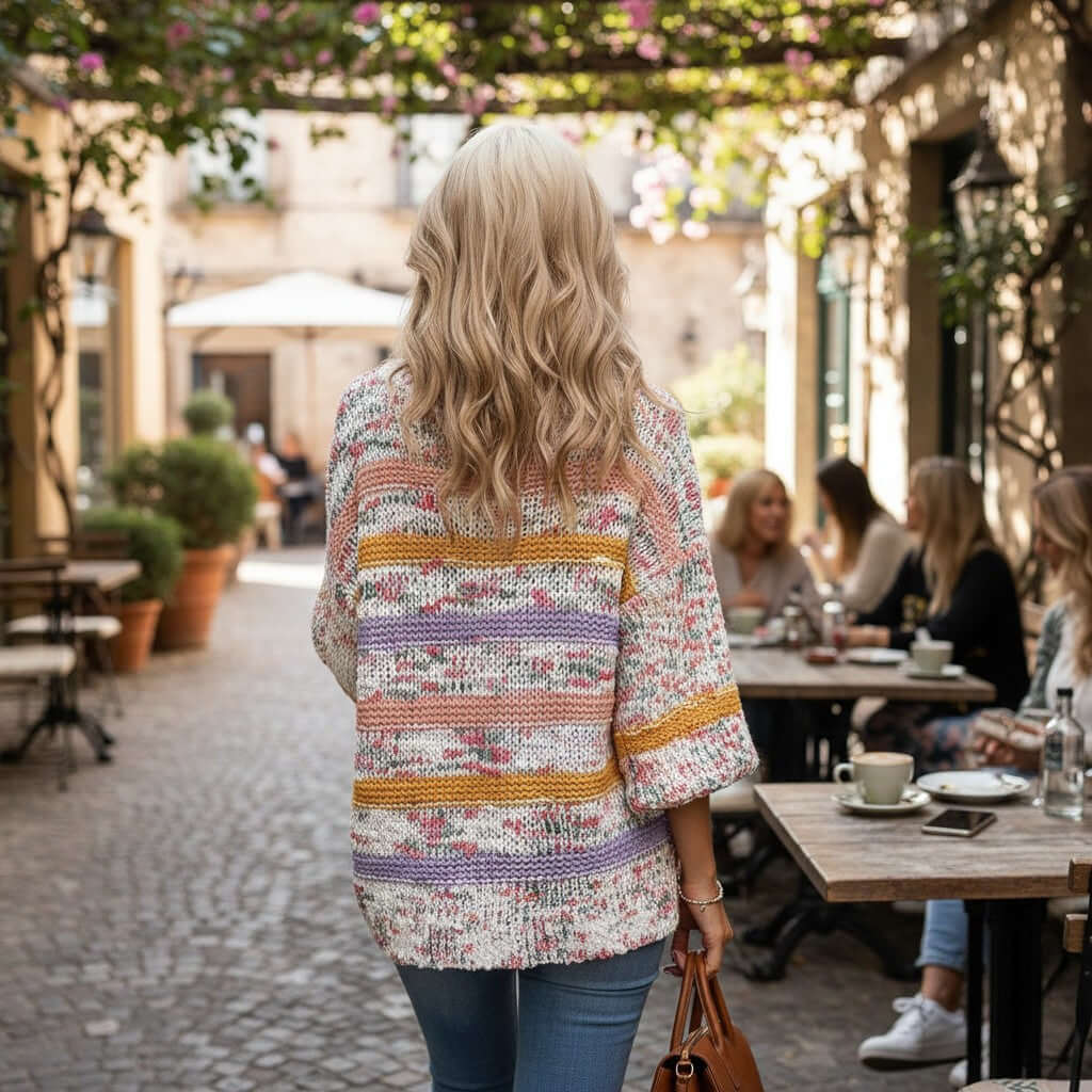 A woman wearing the EASY LIKE SUNDAY SWEATER in a cafe setting, exuding relaxed style and comfort.