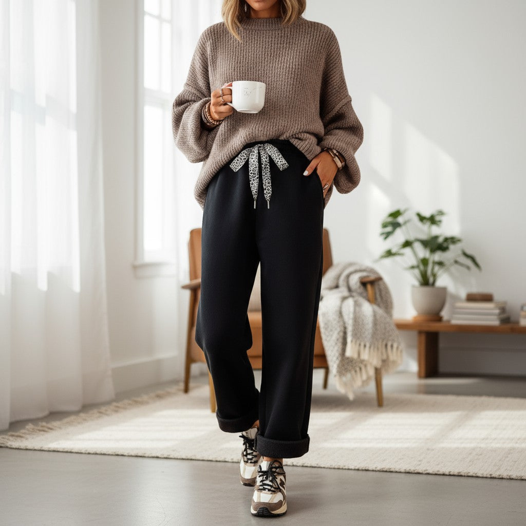 Comfort Culture Pants (Black) with leopard drawstring, cozy fleece lining worn with oversized sweater.