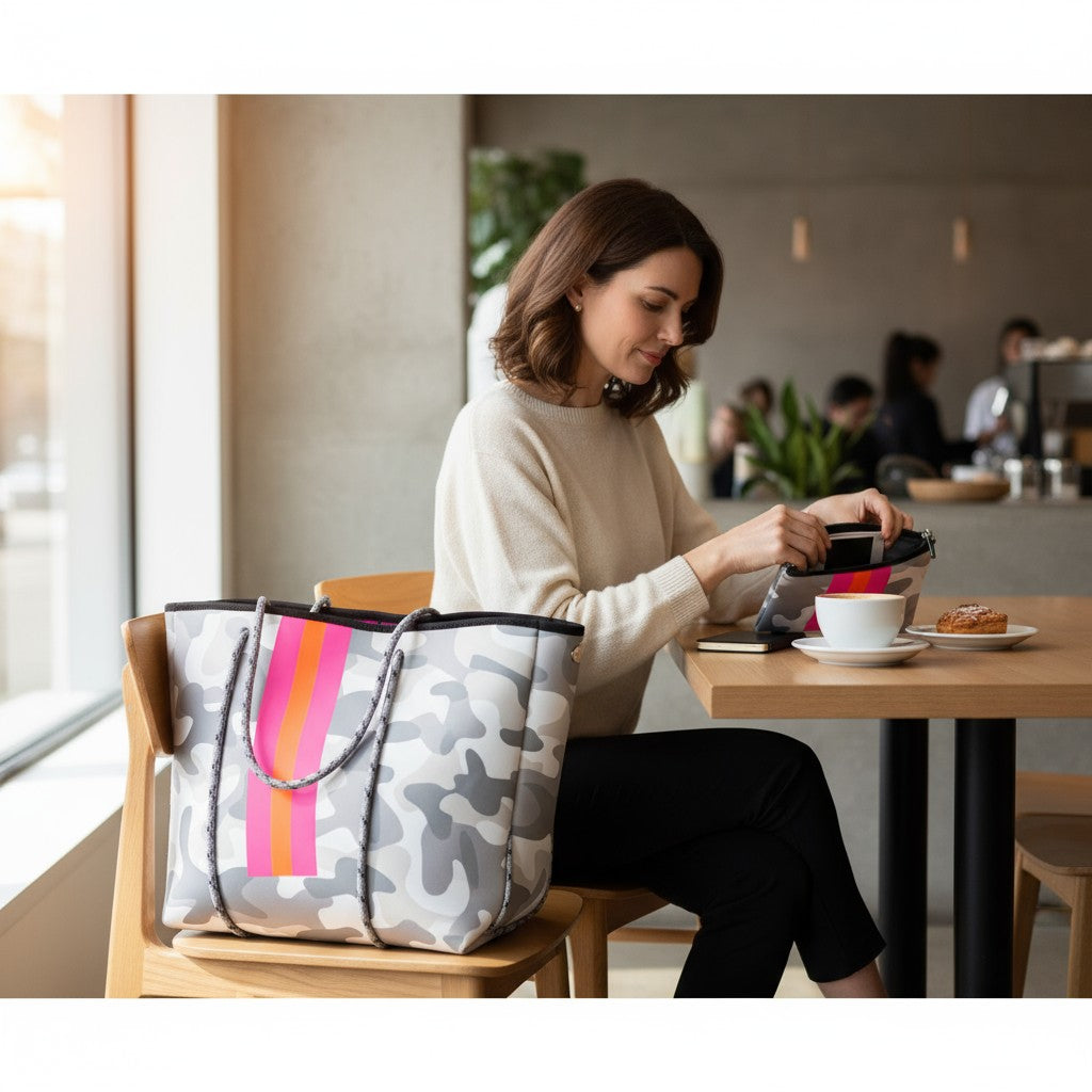 Woman enjoying coffee at a cafe with HUNTRESS LUXE 2 PIECE BAG SET displayed beside her.