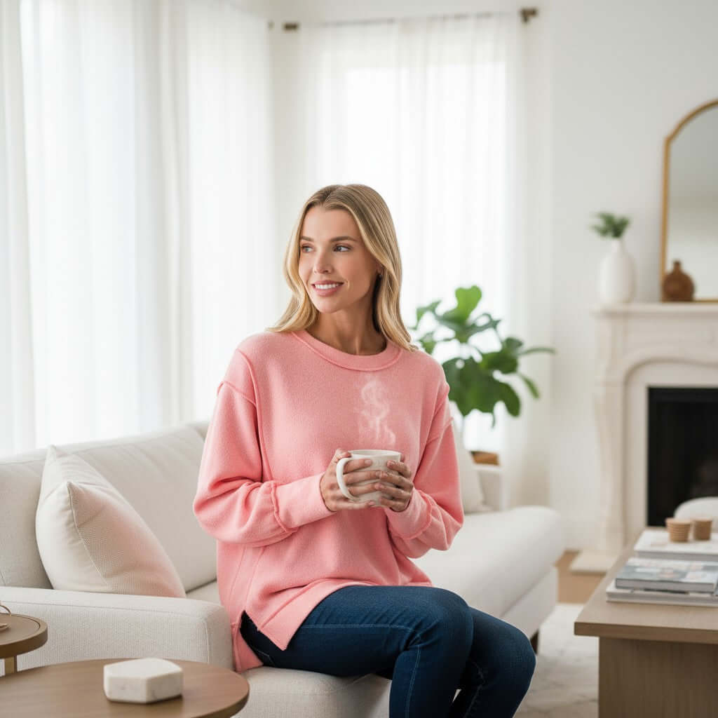 Woman in SOFT INTENTIONS Pullover by Zenana (soft pink) enjoying coffee in a cozy living room.