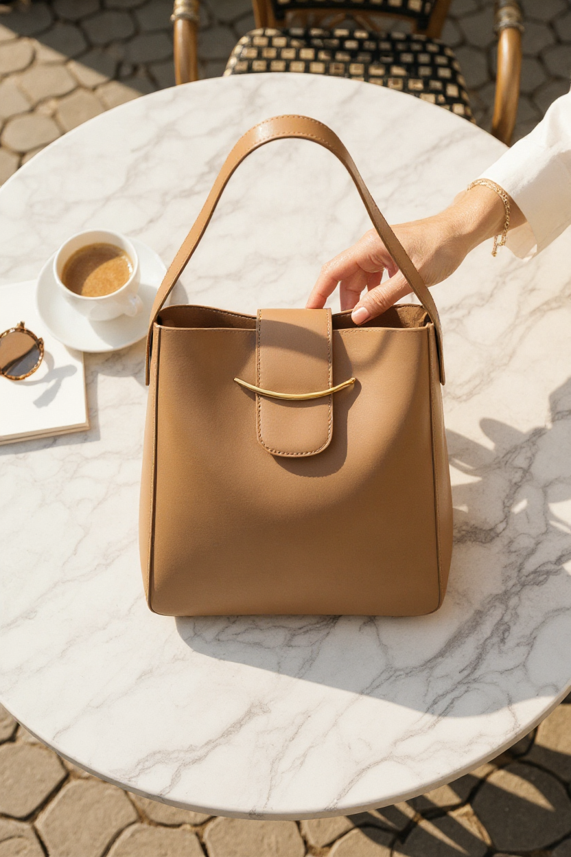 Polished Path Handbag (cinnamon) displayed on a marble table with coffee and sunglasses, showcasing a stylish design.