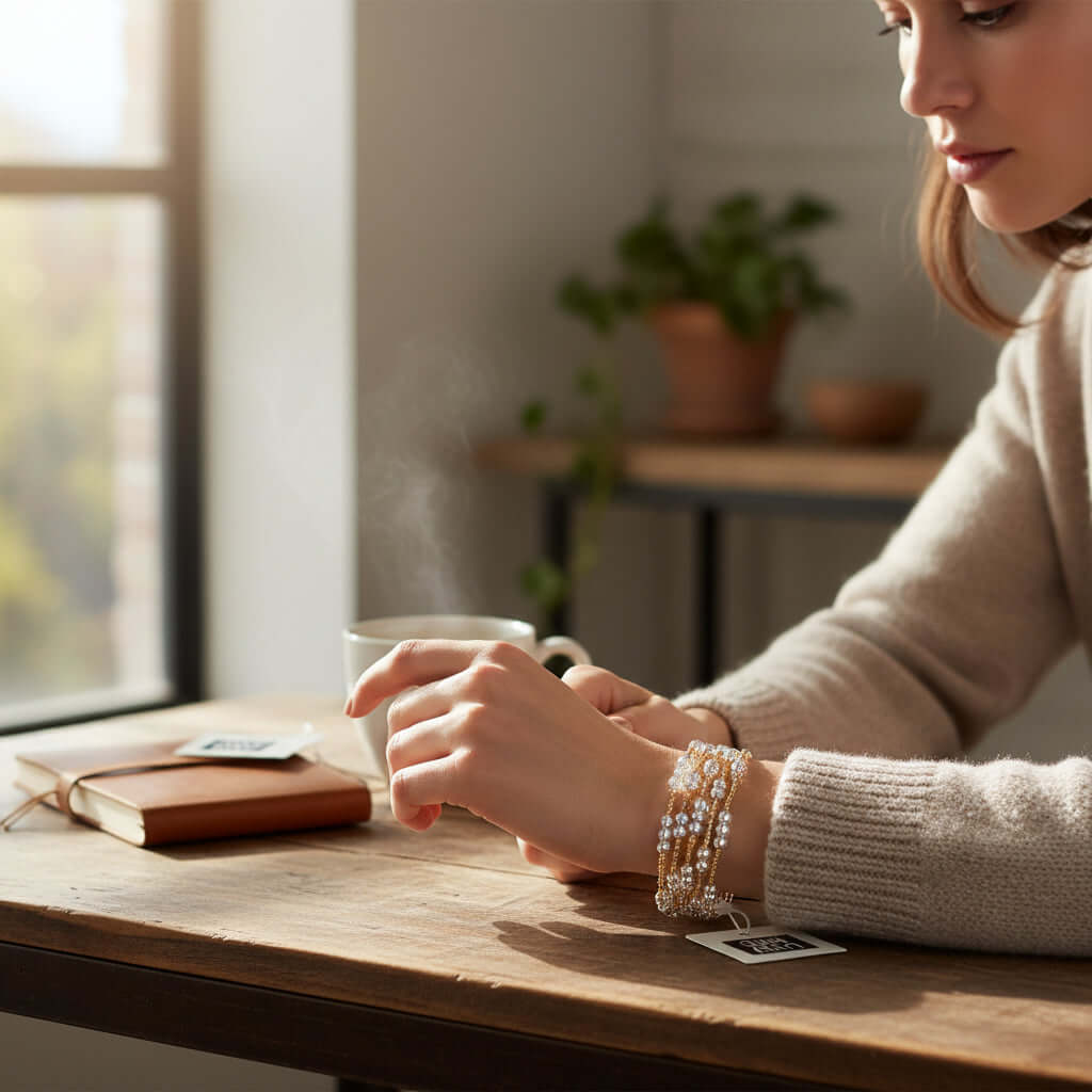 Woman wearing LULU MAC BRIGHT BALANCE 5 BRACELET SET while enjoying a warm drink at a cozy table.