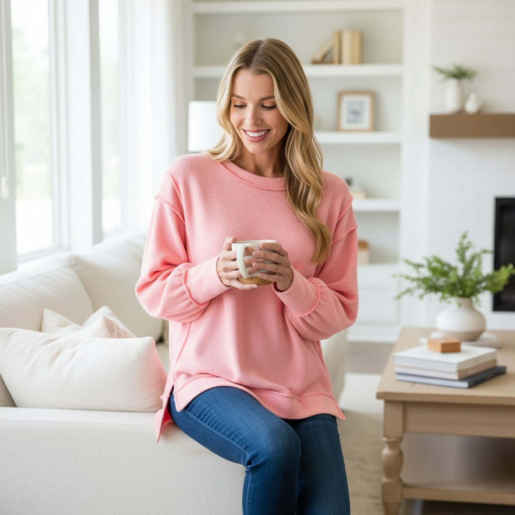 Woman in soft pink SOFT INTENTIONS Pullover by Zenana holding a coffee mug, sitting on a couch.