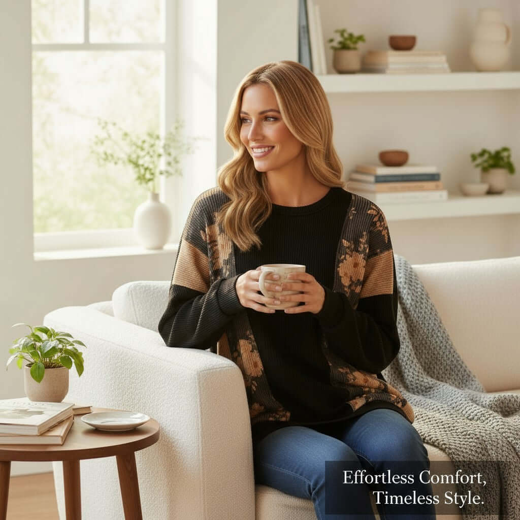 HOMETOWN HARMONY TOP - Heimish model showcasing effortless comfort and timeless style, holding a cup in a cozy setting.