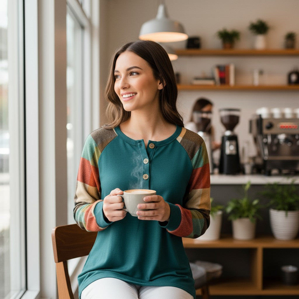 A model enjoying coffee in the HIGHLAND RETREAT TOP, showcasing its cozy style and split round neckline.