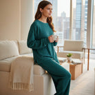 LAKEHOUSE LUXE PANTS SET in sea teal, featuring a textured sweatshirt and loose high-waist pants for cozy lounging.