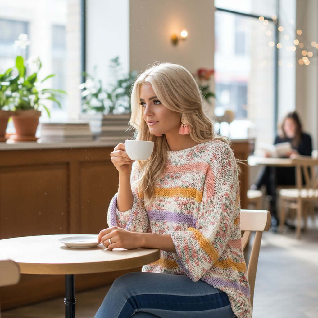 EASY LIKE SUNDAY SWEATER worn by a woman with a coffee cup in a cozy cafe setting.