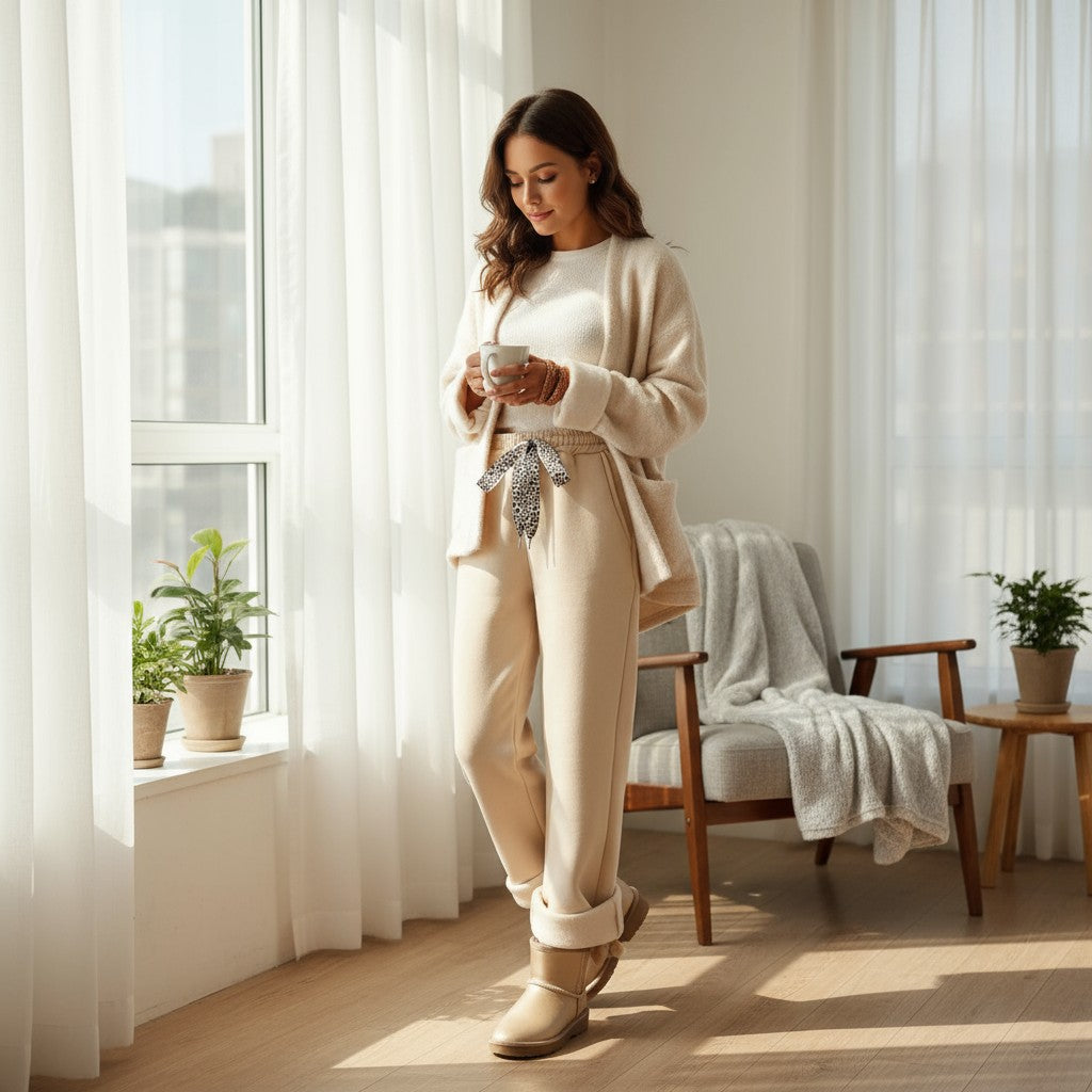 COMFORT CULTURE PANTS (cream) with leopard drawstring, featuring cozy fleece lining and soft cream color.